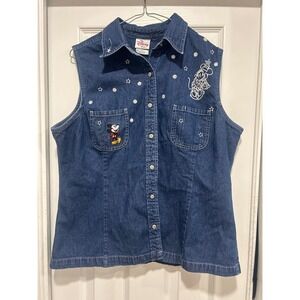 Disney Mickey Mouse Denim Vest Women's XL Sleeveless Embroidered Stars